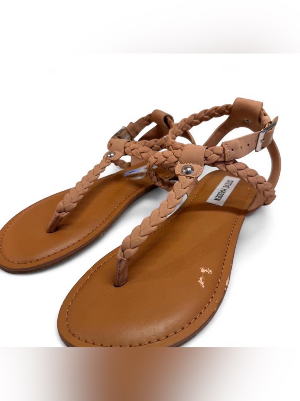Steve Madden Tan Braided Thong Sandals with Ankle Strap new with imperfections